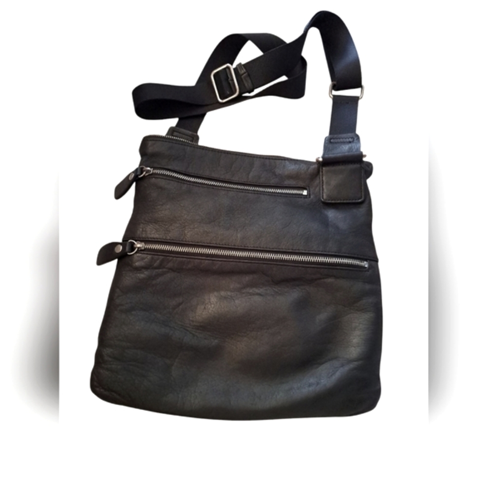 Margot Black Leather Men's/Women's Bag. Adjustable Nylon Strap.